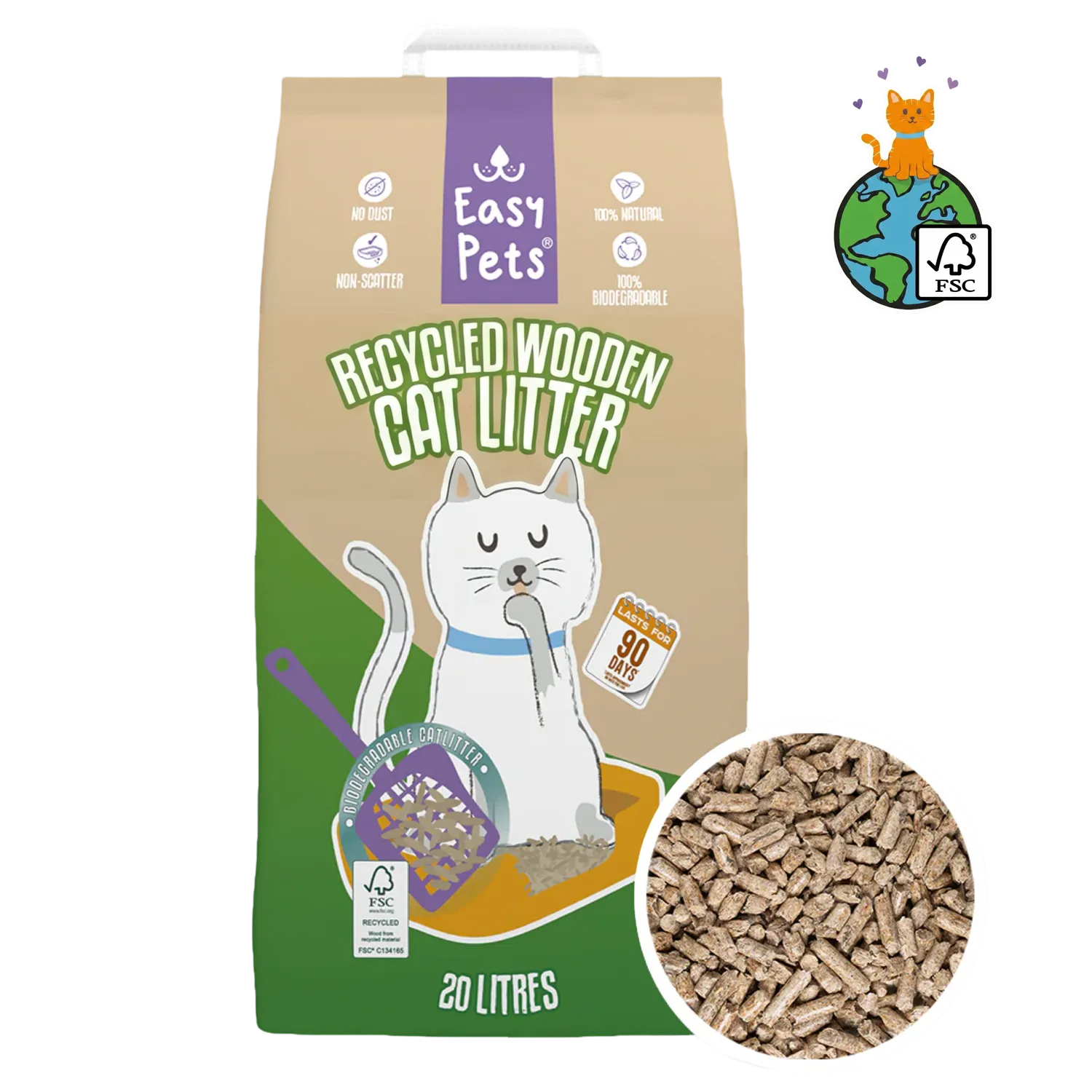 Easypets Recycled Houtkorrels kattenbakvulling 40L hout
