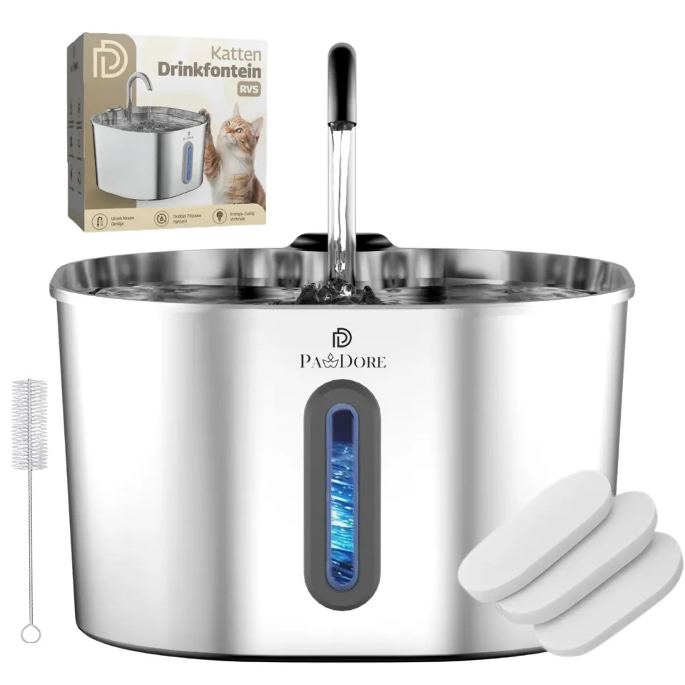 Pawdore RVS drinkfontein 2,2 liter fluisterstil met led
