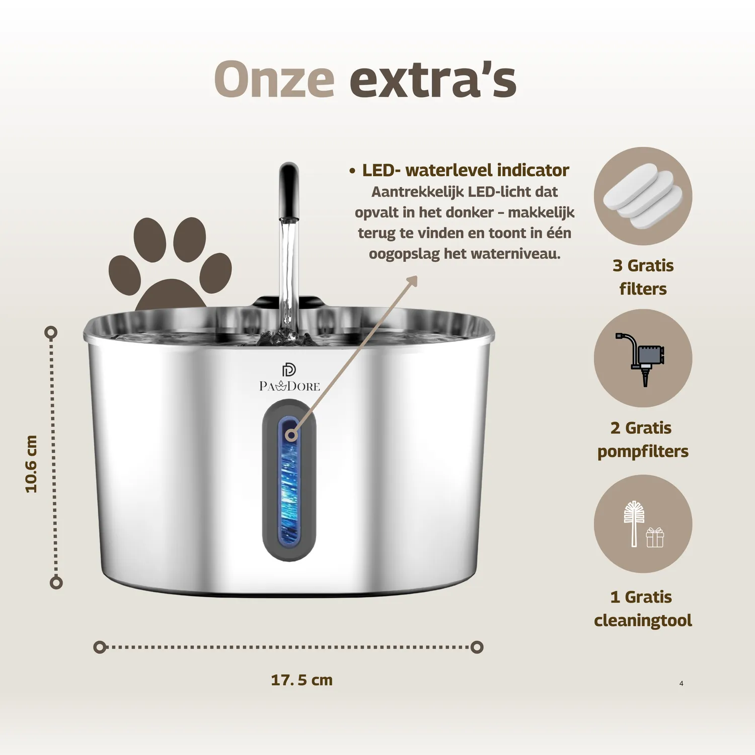 Pawdore RVS drinkfontein 2,2 liter fluisterstil met led