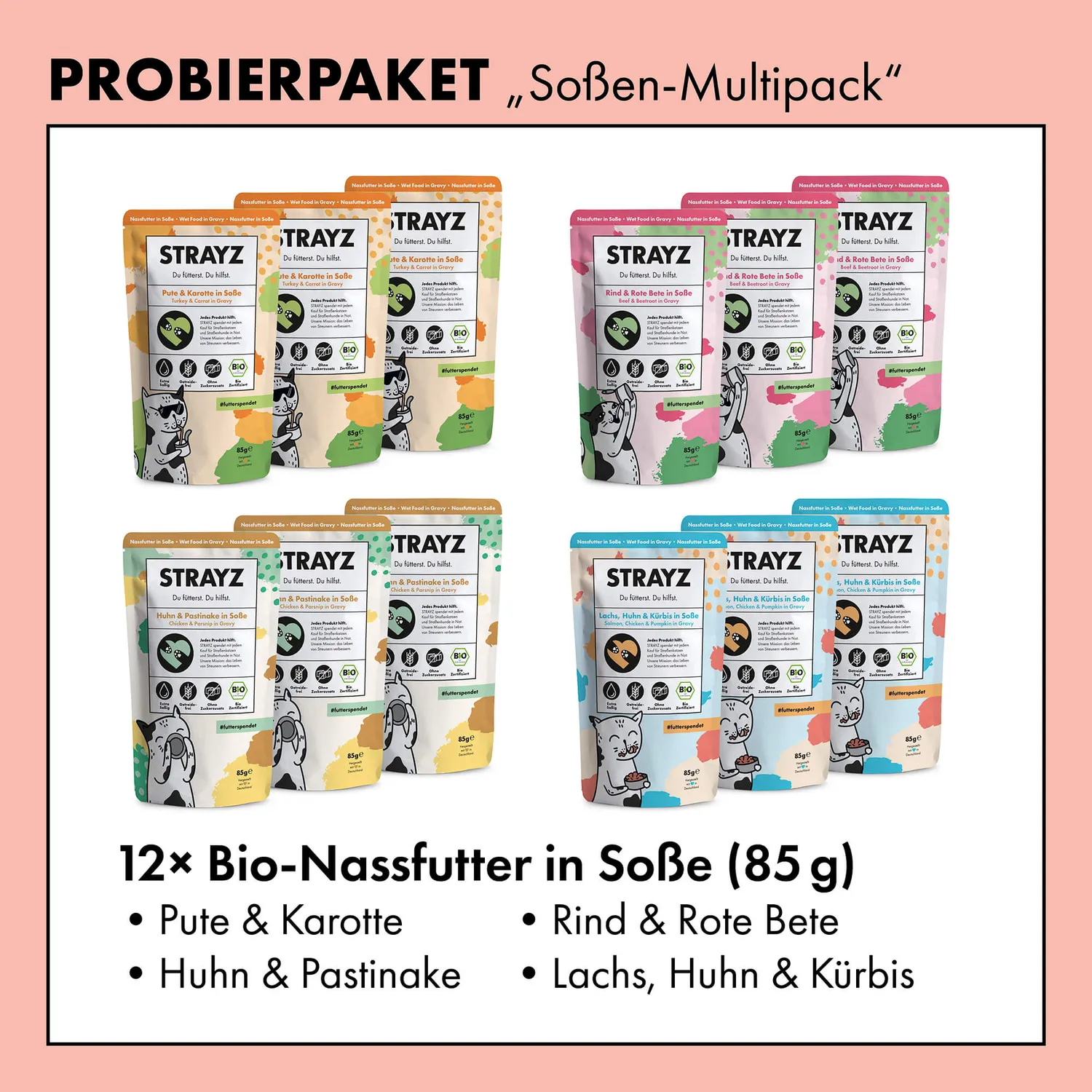 STRAYZ natvoer kat proefpakket 12x85g in saus graanvrij