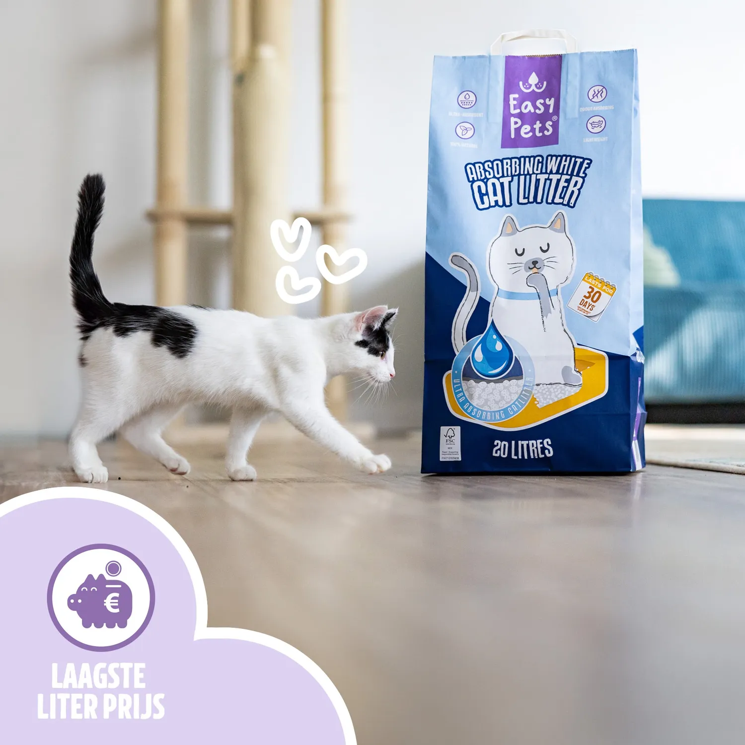 EASYPETS Absorberend Wit kattenbakvulling 20L calcium