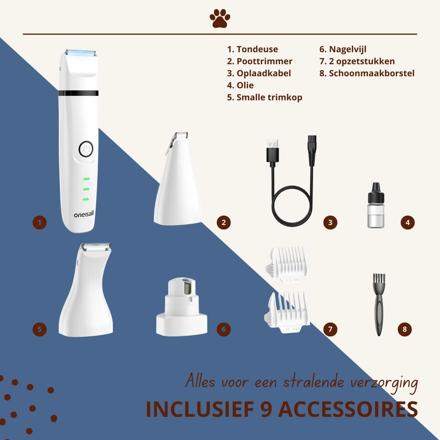 Oneisall 4-in-1 stille dierentondeuse wit