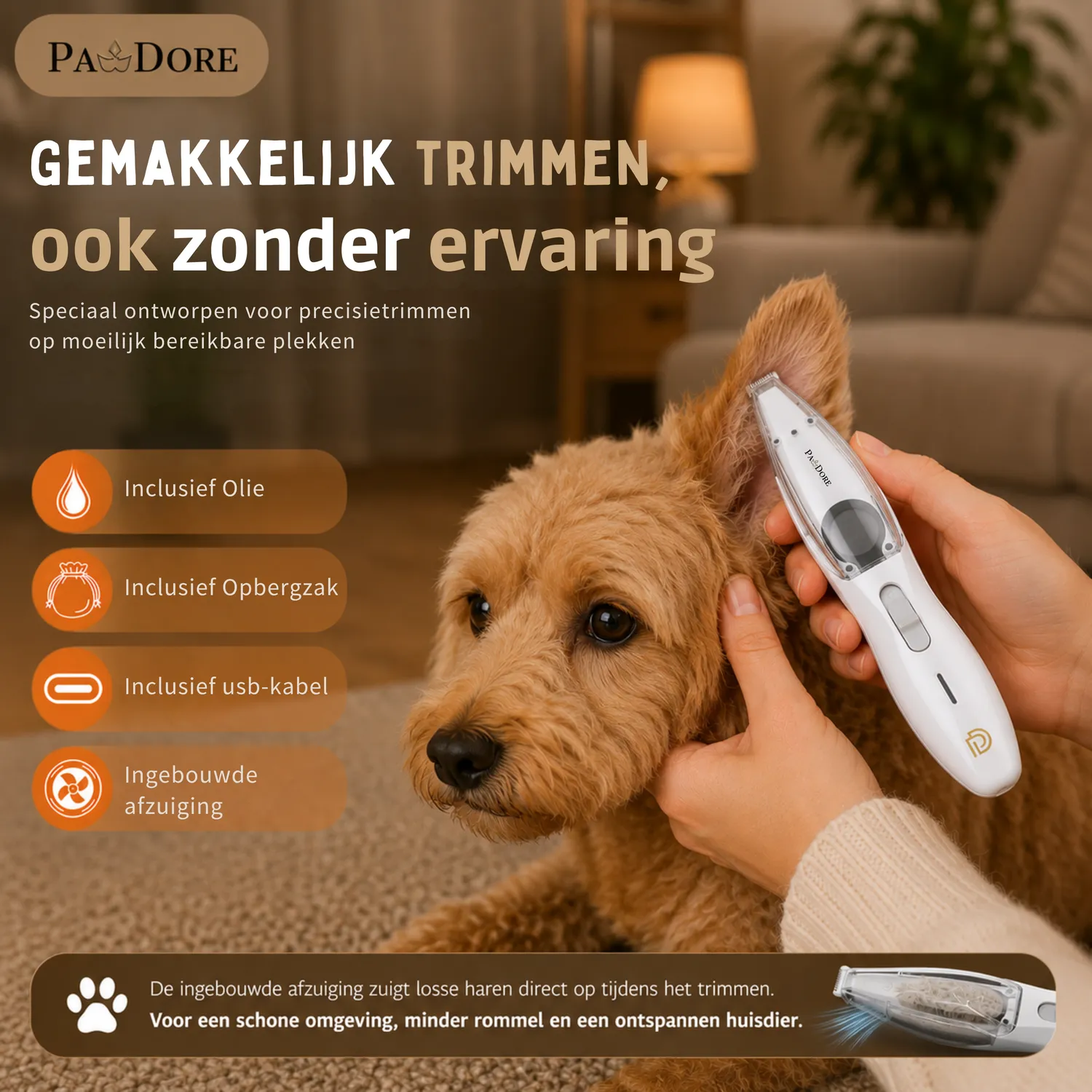 Pawdore Trimzy dierencentondeuse met vacuum 60 min draadloos