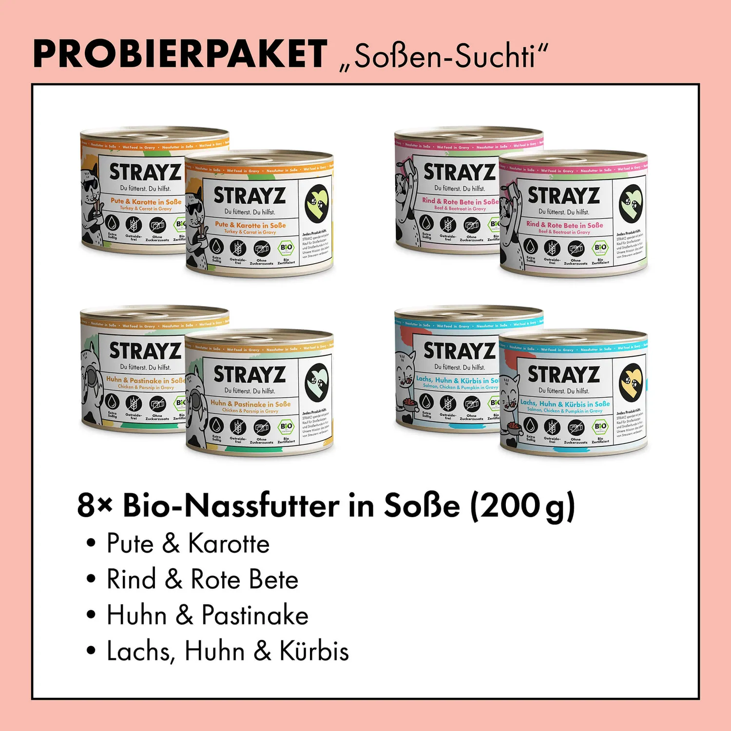 STRAYZ proefpakket natvoer in saus kat 8x200g graanvrij